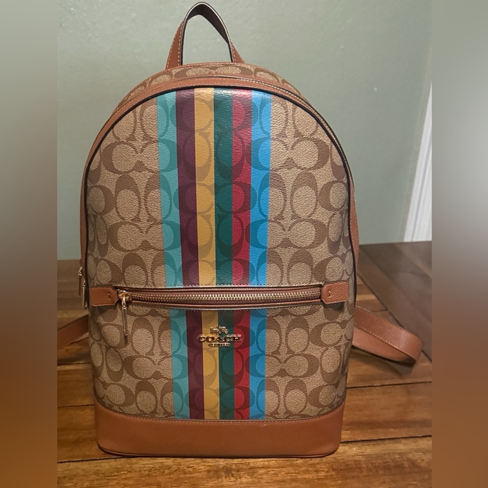Coach Brown Backpack with Colorful Stripes
